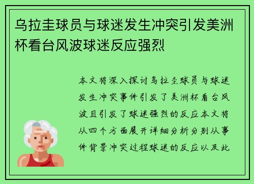 乌拉圭球员与球迷发生冲突引发美洲杯看台风波球迷反应强烈